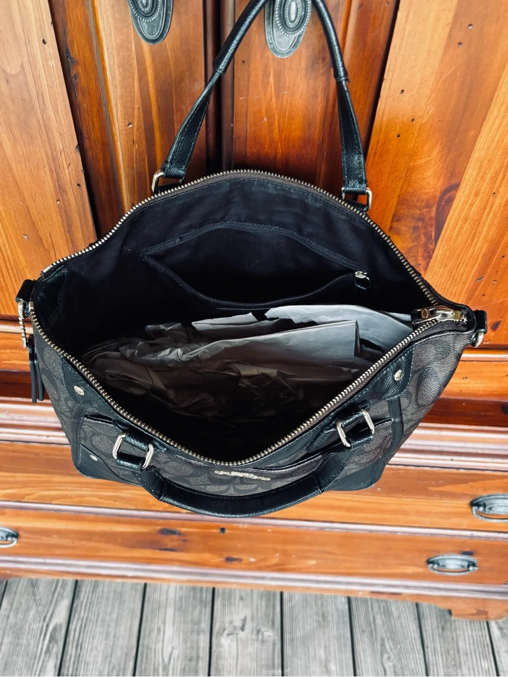 Coach Black Signature Shoulder Tote with Logo Charm